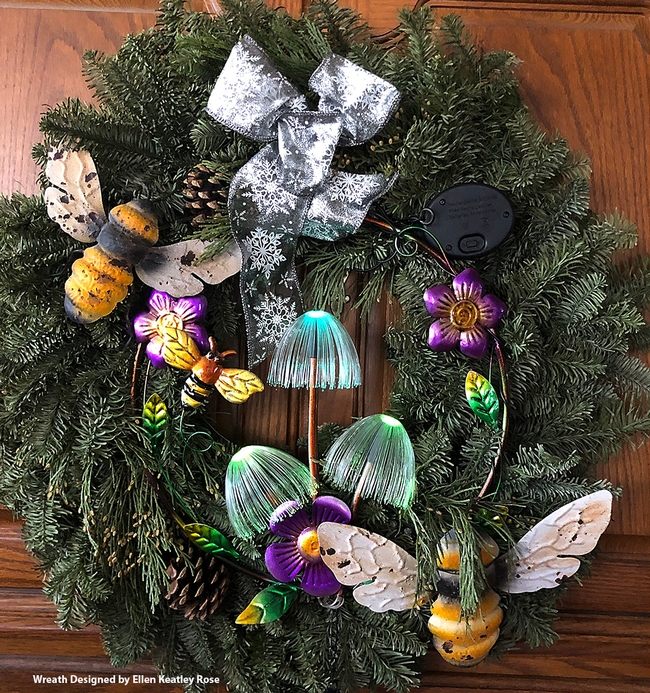 A bee-utiful Christmas wreath, designed and crafted by Ellen Keatley Rose of Castle Rock, Wash. (Photo by Kathy Keatley Garvey)