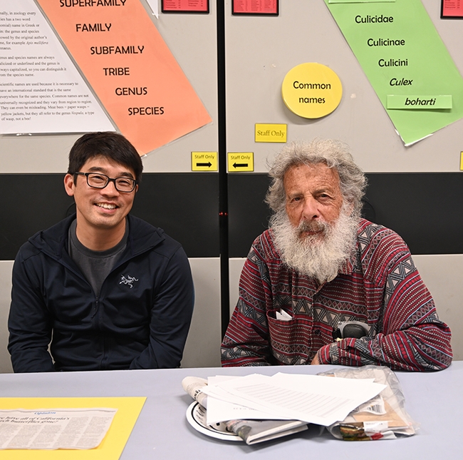 UC Davis distinguished professor emeritus Art Shapiro (right) of the Department of Evolution and Ecology and Louie Yang, professor, Department of Entomology and Nematology at the Bohart Museum of Entomology's recent open house on monarchs. (PHoto by Kathy Keatley Garvey)