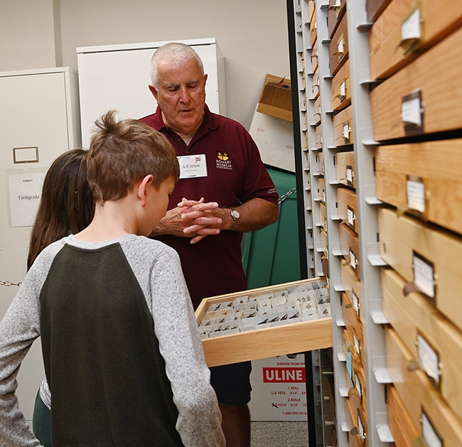 Entomologist Jeff Smith, curator of the Bohart Museum's lepidoptera collection, shows moths to Andrew Dietrich of Davis. (Photo by Kathy Keatley Garvey)