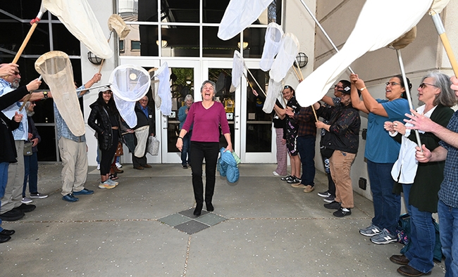UC Davis distinguished professor emerita Lynn Kimsey walks under the archway of a 21-insect net salute. (Photo by Kathy Keatley Garvey)