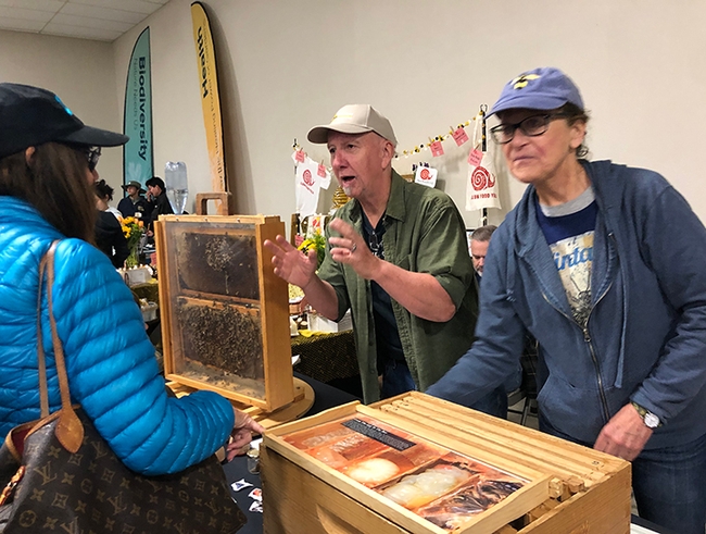 Beekeepers Rick Moehrke and Casey Scott of the Sacramento Area Beekeepers' Association answer questions from attendees at the California Honey Festival. (Photo by Kathy Keatley Garvey)