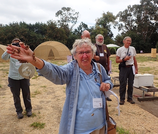Encouraged by the workshop instructor to hold newly emerged  bees, Ettamarie Peterson shows a handful of bees at the  Harry H. Laidlaw Jr. Honey Bee Research Facility at UC Davis. (Photo by Kathy Keatley Garvey)