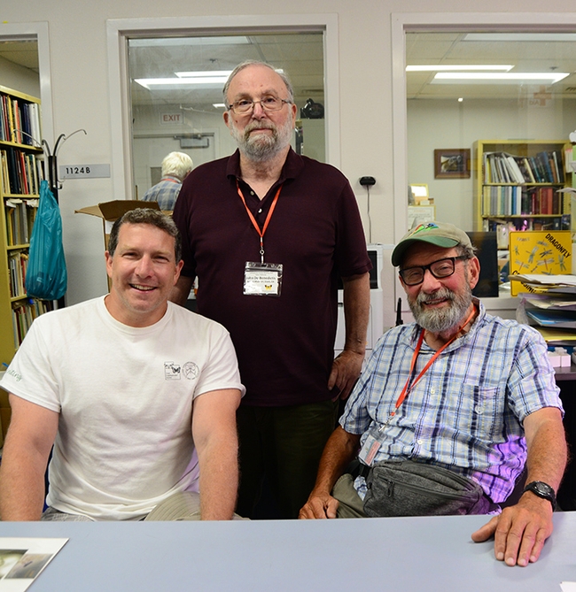 These three entomologists were trained directly or indirectly by Jerry Powell (1933-2023) of UC Berkeley. From left are Dan Rubinoff, John De Benedictus and Paul Opler (1938-2023) at a gathering of lepidopterists in 2019 at the Bohart Museum of Entomology.  Powell and Paul Opler (1938-2023) co-authored Moths of Western America, published in 2009. (Photo by Kathy Keatley Garvey)