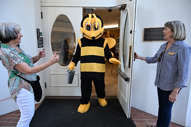 Hear that buzz? The Honey Bee (Dr. George Stock) enters the courtyard. With him are Vacaville Museum Guild members Georganne Gebers (right) of Vacaville, and Sharon Walters of Dixon. (Photo by Kathy Keatley Garvey)