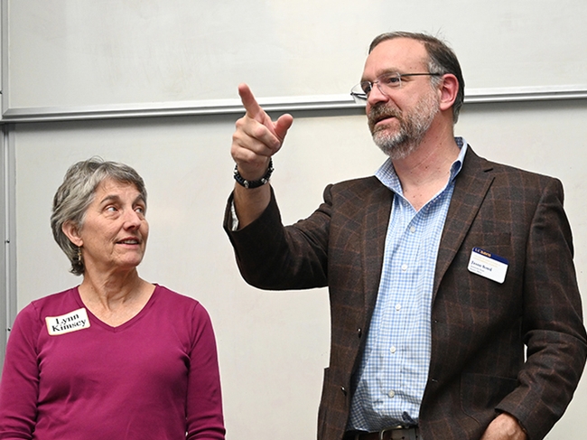 UC Davis distinguished professor emerita Lynn Kimsey, director of the Bohart Museum for 34 years until her retirement on Feb. 1, 2024, listens as the new director, Professor Jason Bond praises her at a retirement party. Bond is the Evert and Marion Schlinger Endowed Chair, UC Davis Department of Entomology and Nematology, and associate dean, UC Davis College of Agricultural and Environmental Sciences. (Photo by Kathy Keatley Garvey)