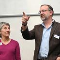 UC Davis distinguished emerita professor Lynn Kimsey, director of the Bohart Museum for 34 years until her retirement on Feb. 1, 2024, listens as the new director, Professor Jason Bond praises her at a retirement party. Bond is the Evert and Marion Schlinger Endowed Chair, UC Davis Department of Entomology and Nematology, and asosciate dean, UC Davis College of Agricultural and Environmental Sciences. (Photo by Kathy Keatley Garvey)