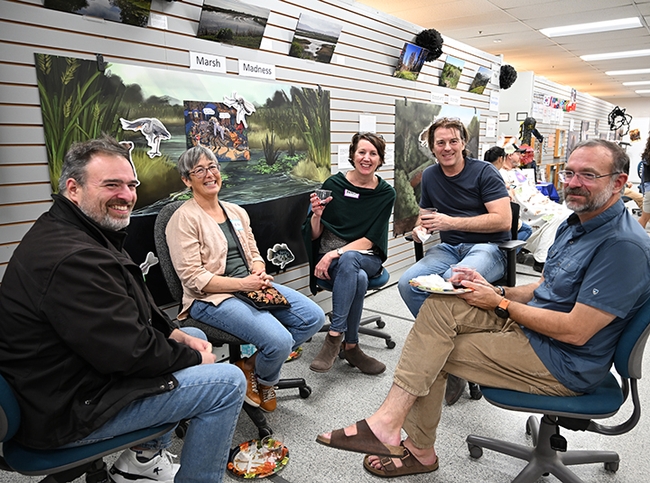 Faculty members and their wives enjoyed the Halloween party. From left are associate professor Geoffrey Attardo and wife, Meg; Kristine Bond; Professor Stephen (Fringy) Richards, and Professor Jason Bond, director of the Bohart Museum. (Photo by Kathy Keatley Garvey)