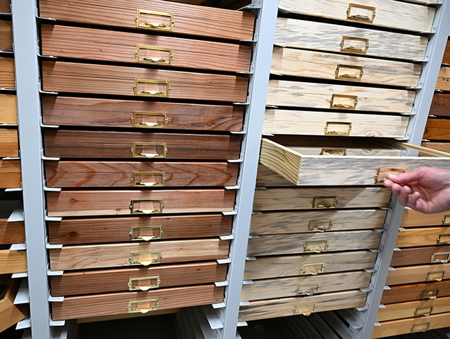 The Bohart Museum drawers are intricately crafted. This one is of pine. Curator Jeff Smith has crafted and donated 2,487 of them for the Bohart Museum of Entomology. (Photo by Kathy Keatley Garvey)