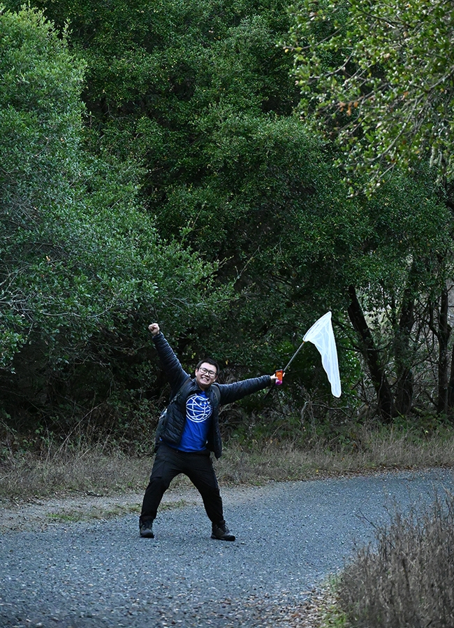 UC Davis student entomologist Kaitai Liu exults after finding a rain beetle on a field trip. He plans to become an entomology professor and study rain beetles.