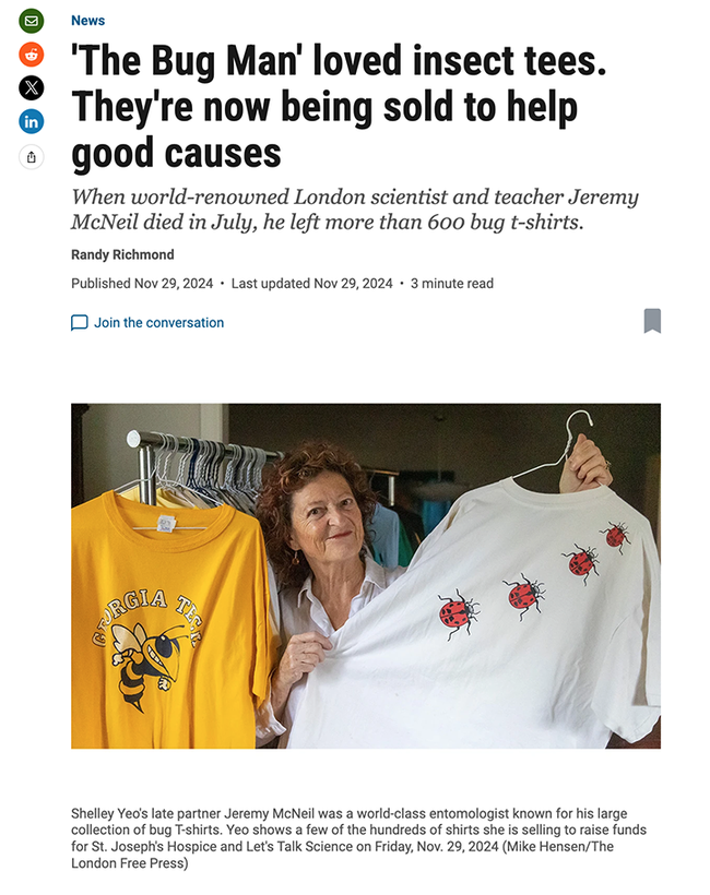 Screen shot of a news story in The London Free Press about the T-shirt collection of internationally celebrated entomologist Jeremy Nichol McNeil (1944-2024).