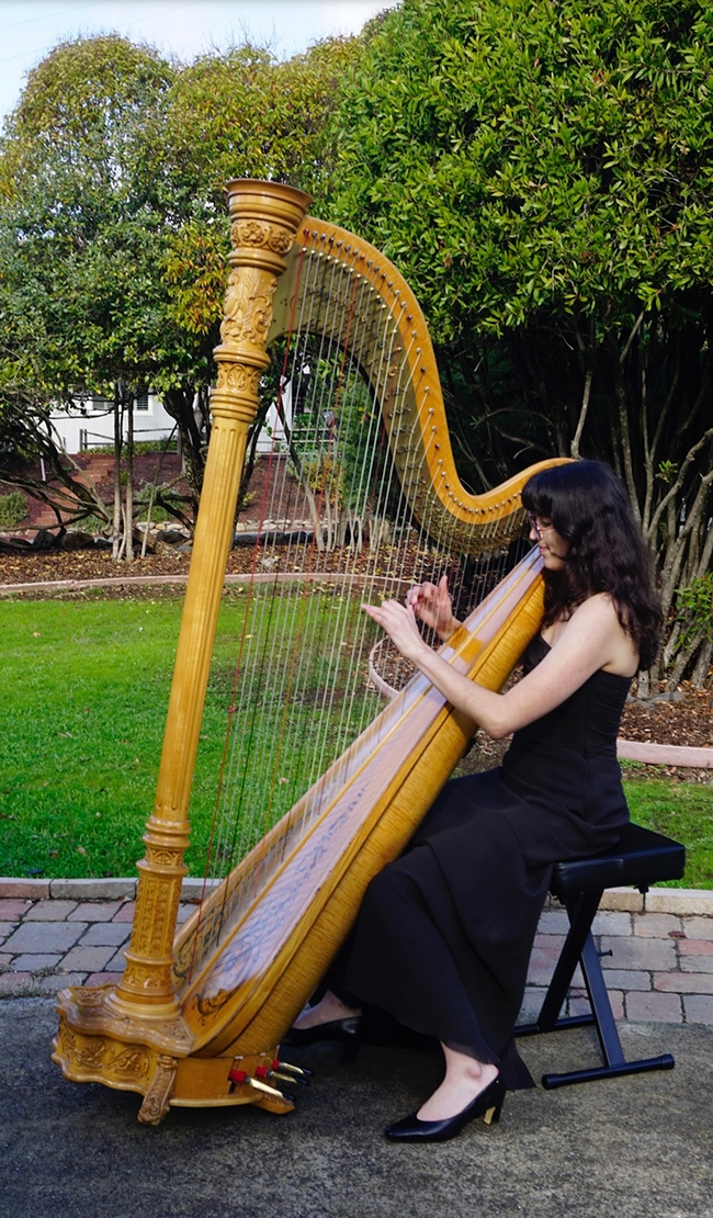 The buzzing of the bees may some day mingle with the harp music of Samantha Murray, new coordinator of the UC Davis Bee Haven.