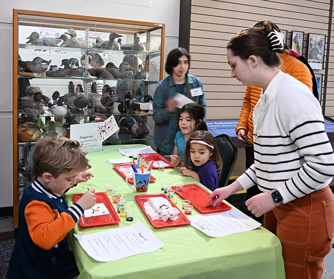 UC Davis Entomology Club members Emi Marrujo (background) and Riley Hoffman staffing the maggot art table and discussing the importance of blow flies and maggots. (Photo by Kathy Keatley Garvey)