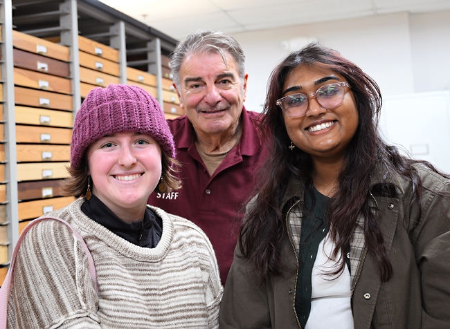 Bohart Museum associate Greg Kareofelas with two UC Davis students: Emily Anne Richter (left), a chemistry major, and Lalinna Naini, majoring in environmental toxicology. (Photo by Kathy Keatley Garvey)