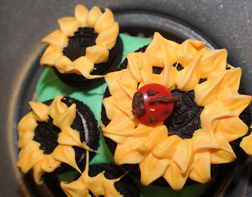 ENTOMOPHAGY--A ladybug, made from an M&M, perches atop a cupcake made by Faye Veirs. (Photo by Kathy Keatley Garvey)