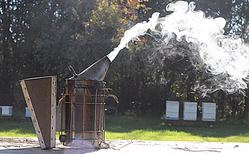 BLOWIN' SMOKE--Smoke shoots from a bee smoker at the Harry H. Laidlaw Jr. Honey Bee Research Facility at UC Davis. Bee hives are in the background.(Photo by Kathy Keatley Garvey)
