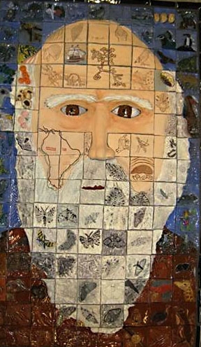 'THE FACE OF DARWIN,' a ceramic mosaic created in a freshman seminar at UC Davis in commemoration of Darwin's 200th birthday anniversary, shows the organisms he studied and the secret notes he harbored. (Photo courtesy of Diane Ullman)