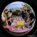 Fish-eye view of the honey tasting at Briggs Hall during the UC Davis Picnic Day. (Photo by Kathy Keatley Garvey)
