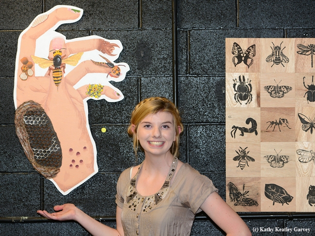 Entomology 01 student Justine Abbott, majoring in biological sciences, created this work on the Asian giant hornet, Vespa manderinia. (Photo by Kathy Keatley Garvey)