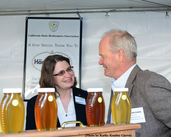 CSBA President Bill Lewis of the San Fernando Valley talks bees with Barbara Allen-Diaz, vice president of the UC Agriculture and Natural Resources (UC ANR) at the California Agriculture Day, State Capitol, in March. (Photo by Kathy Keatley Garvey)