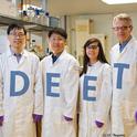 UC Davis scientists in the Walter Leal lab have discovered the odorant receptor in the Culex mosquito that repels DEET. From left are project scientist Pingxi Xu;  postdoctoral scholar Young-Moo Choo; AgChem graduate student Alyssa De La Rosa; and Professor Leal. (Photo credit: Academic Technology Services/Mediaworks)