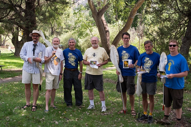 Bee Course instructors from  2013 are (from left) Laurence Packer, York University, Toronto; Terry Griswold, USDA Bee Lab, Logan UT;  Steve Buchmann, Tucson, AZ; Robbin Thorp; John Ascher, University of Singapore; Jim Cane, USDA Bee Lab, Logan, UT; Eli Wyman, American Museum of Natural History, NY.  Not pictured: Jerome G. Rozen, Jr., AMNH, Course Leader who was unable to participate that year.