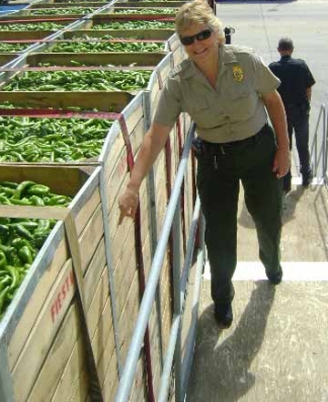 Cheryle O'Donnell gets ready to inspect a pepper truck in Arizona.