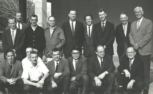 BACK IN 1970--This UC Davis Department of Entomology photo, taken Feb. 3, 1970, includes faculty, staff and Cooperative Extension specialists. In front (from left) are Dick Bushing, Frank Summers, Bob Schuster, Al Grigarick, Bob Washino, Harry Lange and Harry Laidlaw.  In back (from left) are Charles Judson. Robbin Thorp, Vern Burton, Elmer Carlson, Oscar Bacon, Frank Strong, Don McLean, Ward Stanger and Ed Loomis. Others are not pictured. (Photo courtesy of Oscar Bacon)