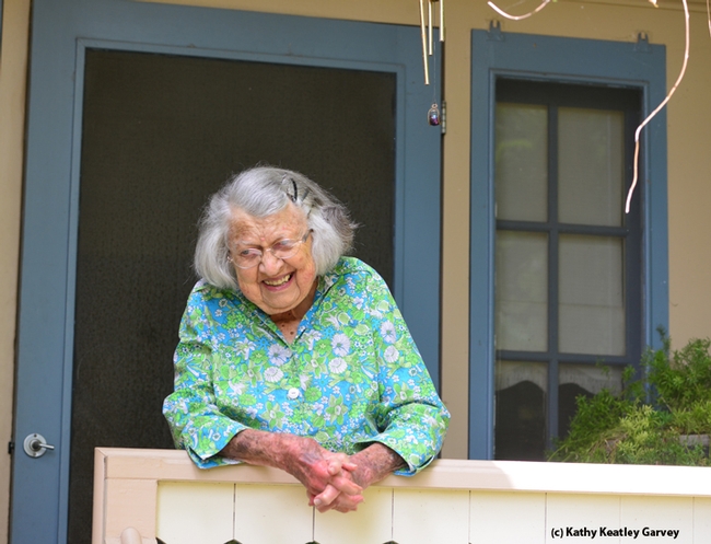 Louise Hallberg, 98, on her front porch. (Photo by Kathy Keatley Garvey)
