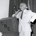 Jonas Salk (1914-1995), who discovered the polio vaccine in 1955, speaks to the Centers for Disease Control and Prevention in 1988. (CDC Photo)