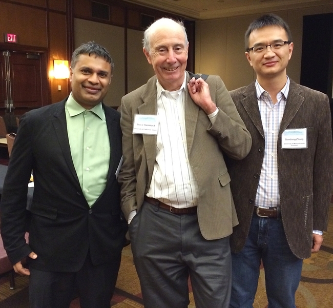 Bruce Hammock (center) with colleagues Dipak Panigrahy (left) of Harvard Medical School and Guodong Zhang of the University of Massachusetts. This photo was taken at the  International Winder Eicosanoid (WEC) Conference in Baltimore, where Hammock received the first-ever John C. McGiff Award.