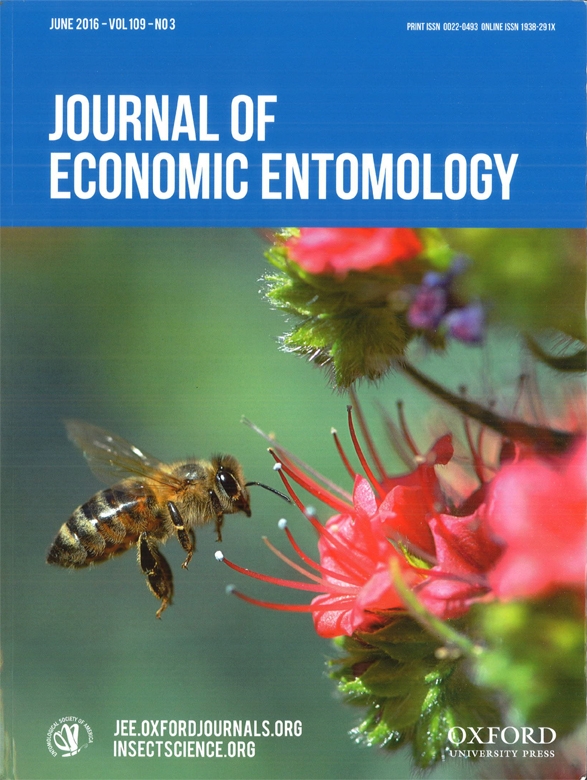 Cover Girl! Cover of the Journal of Economic Entomology shows an image of a worker bee heading toward a tower of jewels, Echium wildpretii. (Photo by Kathy Keatley Garvey)