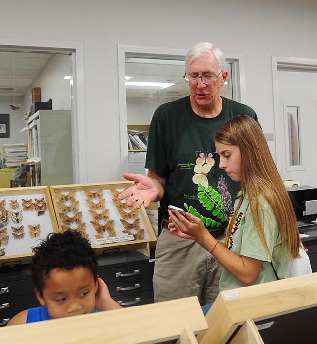 Retired entomologist and Bohart Museum associate Norm Smith engages visitors as he talks about moths at the July 30th Bohart Museum open house. Smith received his doctorate in entomology from UC Davis with major professor Richard Bohart, for whom the museum is named. (Photo by Kathy Keatley Garvey)