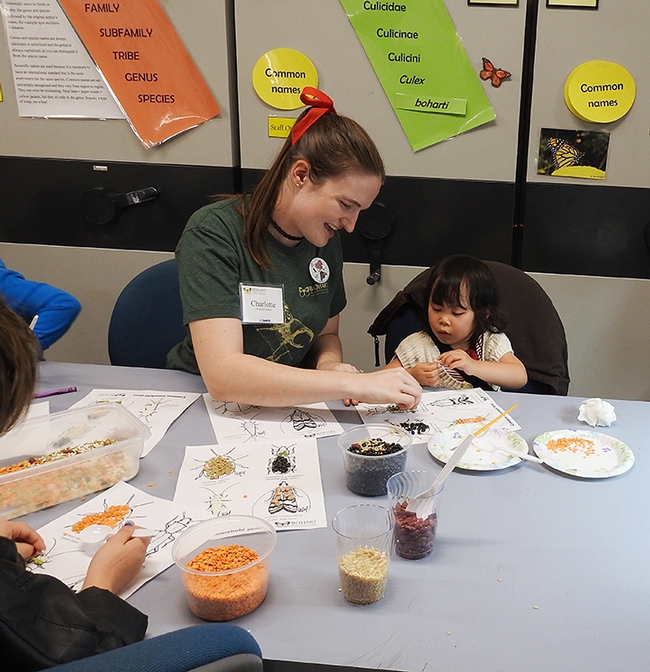 UC Davis entomology graduate student Charlotte Herbert helps  Norah Nguyen of Vacavile, who will be three in January, with an arts and crafts activity.  (Photo by Kathy Keatley Garvey)