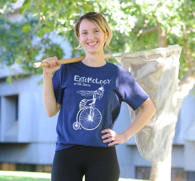 Entomologist/artist Stacey Rice wearing one of her prize-winning shirts--this one typifies UC Davis. (Photo by Kathy Keatley Garvey)