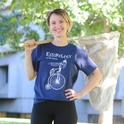 Entomologist/artist Stacey Rice wearing one of her prize-winning shirts--this one typifies UC Davis. (Photo by Kathy Keatley Garvey)