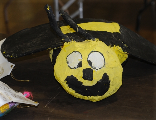 SMILING  bumble bee greets visitors to McCormack Hall at the Solano County Fair, Vallejo, June 23-27. This is the work of a Vacaville teen, Melanie Campilongo. (Photo by Kathy Keatley Garvey)