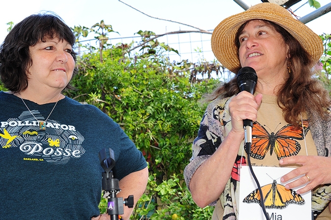 Tora Rocha (left), founder of the Pollinator Posse of Oakland (soon to be statewide), and Mia Monroe, coordinator of the Xerces Society's Western Monarch Thanksgiving Count, address the crowd. (Photo by Kathy Keatley Garvey)