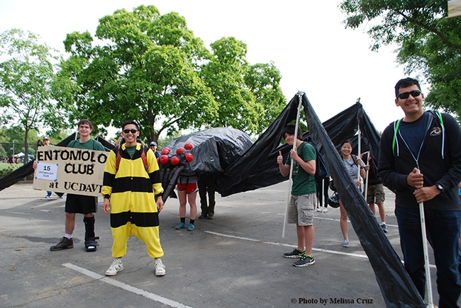 UC Davis Entomology Club members with the black widow spider float are (from left) Darian Dungey, James Fong, Chloe Shott (partially shown), Ben Maples (partially shown) James Heydon,   Maia Lundy, Diego Rivera. Lundy is the president of the club. (Photo by Melissa Cruz)