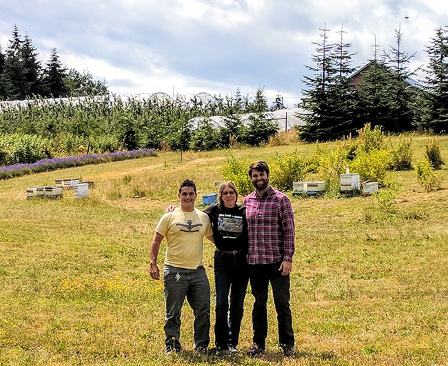 UC Davis staff research associates in the Elina Lastro Niño lab recently enrolled in one of Susan Cobey's queen bee insemination workshops on Whidbey Island, Washington state. From left are  Bernardo Niño, Susan Cobey and Charley Nye.