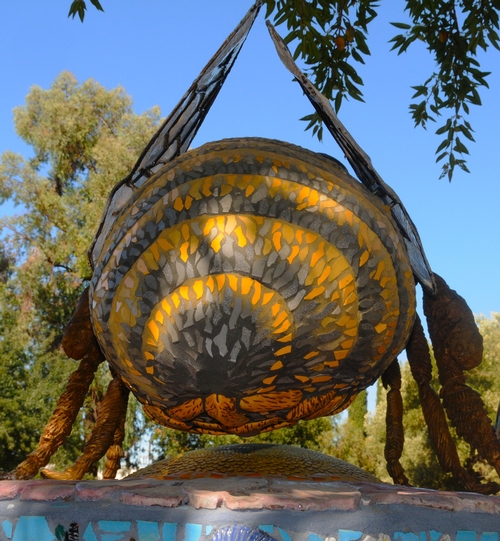 BUSINESS END of the honey bee. Donna Billick created this six-foot long bee sculpture, funded by Wells Fargo, for the Häagen-Dazs Honey Bee Haven at the Harry H. Laidlaw Jr. Honey Bee Research Facility, UC Davis. (Photo by Kathy Keatley Garvey)