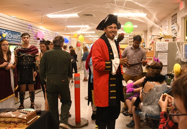Ahoy, there, mate! UC Davis student Diego Rivera came dressed as a pirate (see the parrot on his shoulder?) but he was mistaken for a patriot from the American Revolutionary War. (Photo by Kathy Keatley Garvey)