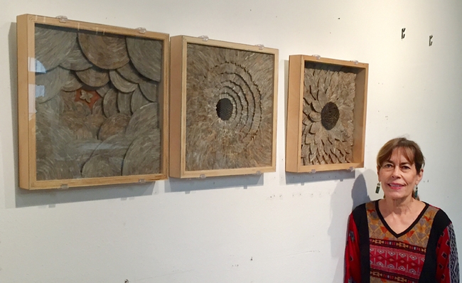 Artist Ann Savageau stands next to her triology of wall pieces made from hornet nest paper. The UC Davis Design Museum show begins Jan. 8 and continues through April 22.