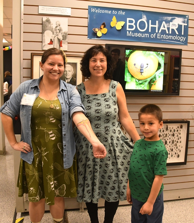 Winners of the insect-themed contests at the Bohart Museum: Karissa Merritt of UC Davis, best tattoo; Jean Replicon of Mission College, Santa Clara, best attired adult; and Jasper Ott, 5, of Davis, best attired youth. (Photo by Kathy Keatley Garvey)