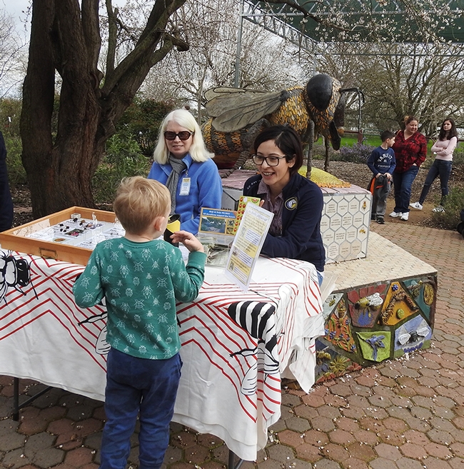 Chris Casey (left) staff manager of the Häagen-Dazs Honey Bee Haven, and volunteer assistant Paola Pomery talk to a young visitor at the 2017 Biodiversity Museum Day. In back is the six-foot-long bee sculpture, Miss Beehaven, by Donna Billick of Davis. (Photo by Kathy Keatley Garvey)