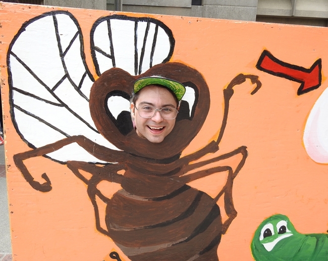 Entomology doctoral candidate Brendon Boudinot with one of the cut-out boards. (Photo by Kathy Keatley Garvey)