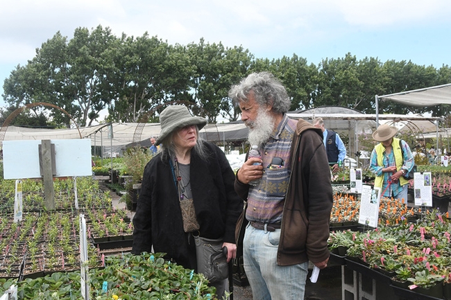 Stevanne Auerbach of Berkeley, a consultant, author and speaker, talks to Art Shapiro following his Butterfly Summit talk at Annie's Annuals and Perennials. (Photo by Kathy Keatley Garvey)