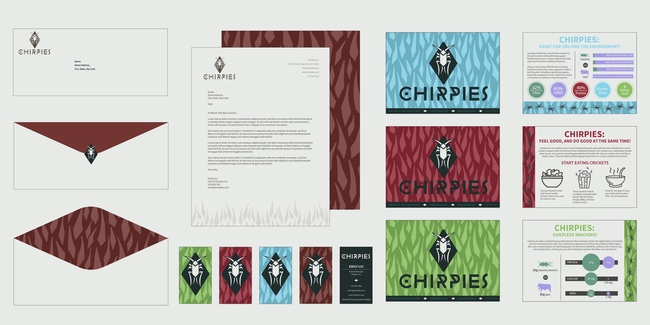 Graphic design examples by UC Davis student Emily Liu comprise her business system revolving around crickets: 