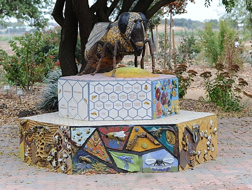 SIDE VIEW of the bee sculpture shows the names of major donors. (Photo by Kathy Keatley Garvey)