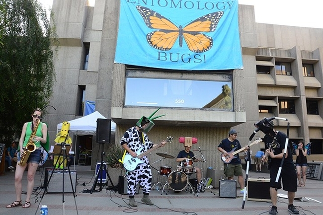 The Entomology Band performing in front of Briggs Hall. From left are Jill Oberski, Zach Griebenow, Brendon Boudinot, Yao Cai, Wei Lin, Jackson Audley and Christine Tabuloc.