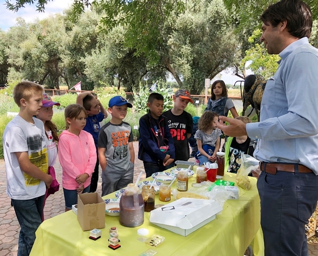 Charley Nye, manager of the Harry H. Laidlaw Jr. Honey Bee Facility, introduces the students to honey varietals. (Photo by Kathy Keatley Garvey)